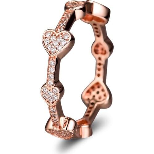 100% 925 Sterling Silver Rings for Women Rose Pavé Hearts Band Ring Stackable Silver Jewelry Wedding Party Gift Wholesale