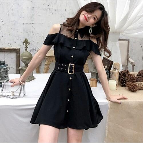 New 2020 Women Single-breasted Summer Dress Gothic Black Off Shoulder Mesh Patchwork Female Mini Dresses Belted Vestidos