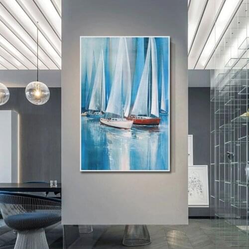 100% Hand Painted Sailboats Oil Painting Canvas Art Handmade Beautiful Abstract Blue Ocean Seascape Oil Paintings For Home Decor