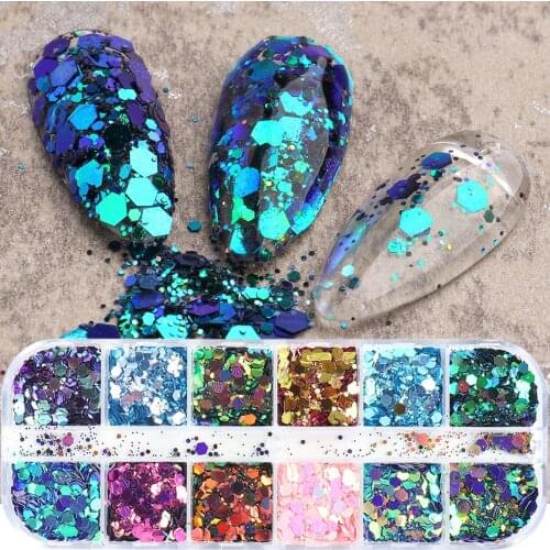 12 Grids Mirror Nail Glitter Sequin Holographic Irregular Gradient Chameleon Hexagonal Scale Flake Design Nail Decoration NLGB