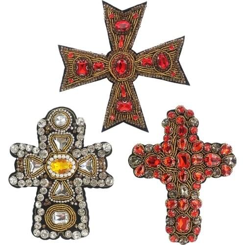 3D Handmade Rhinestone Cross Beaded Patch for Clothing Sew on Beaded Applique Shirt Shoes Bags Apparel DIY Decoration Patches