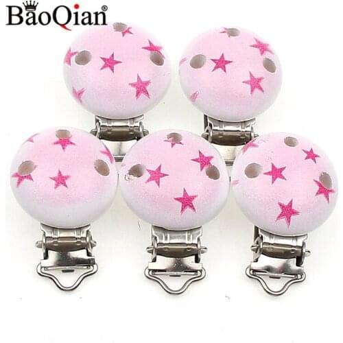 5Pcs Wooden Metal Baby Pacifier Clips For Holders Round Clasps Suspender Children Garment Accessories 29x45mm