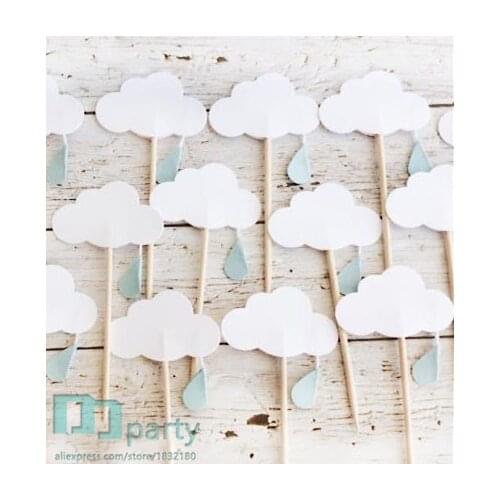 8pcs White Cloud with Aqua Blue Raindrop Cupcake Toppers/Food Picks/ Party Picks/ Baby Shower Decorations/ Bridal Shower