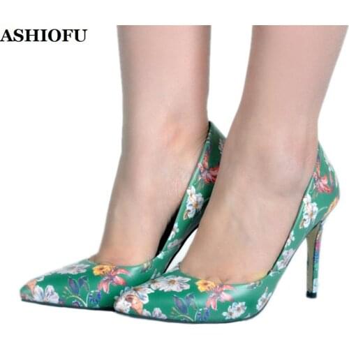 ASHIOFU Handmade Womens High Heel Pumps Flower Leather Countryside Party Dress Shoes Slip-on Evening Prom Fashion Court Shoes