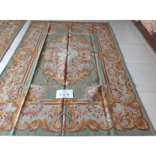 Free Shipping 6'X9' French Aubusson Rug 100% hand woven New Zealand woolen rug--Light Grey Green field