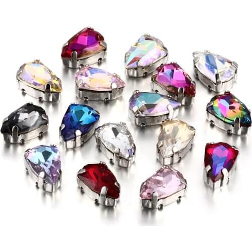 9x14mm Shield Sparkly Sew on Rhinestones for Clothes Handicrafts Bags with Copper Hollow Claws Strass K9 Glass Crystal Applique