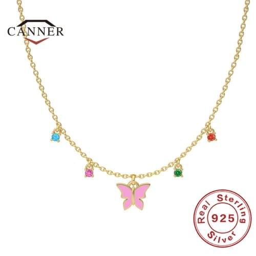 CANNER Colorful Zircon Charm Butterfly 925 Sterling Silver Necklace for Women Fashion Clavicle Choker Chain Necklaces Jewelry