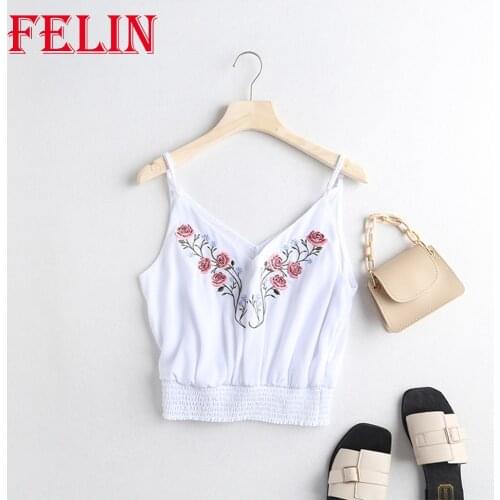 FELIN Za 2021 Women White Camisole Chiffon Rose Embroidered Sling Top Soft Summer Mujer Crop Tops Chic Shirt Elegant Blouse
