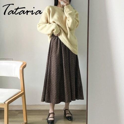 Harajuku Warm Womens Skirts Vintage Floral Print Midi Skirts Ladies Elastic High Waist Loose Cotton Thicken Skirt Streetwear