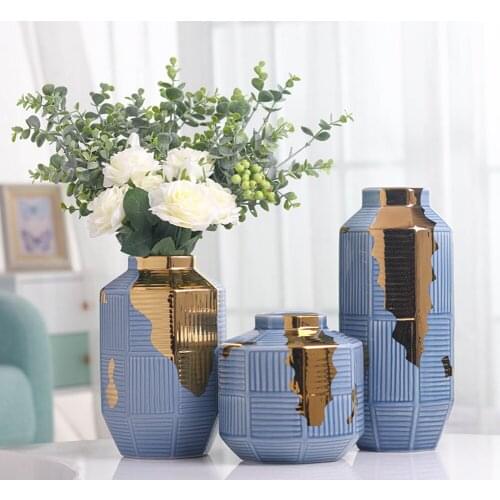 Creative Nordic ceramics Gold blue stripes modern Ceramic vase Home living room Flower arrangement decoration flower vases