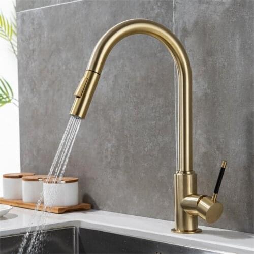 Kitchen Faucet Brush Gold Single Handle Pull Down Kitchen Mixer Tap Single Hole Handle Swivel 360 Degree Water Cold and Hot Taps