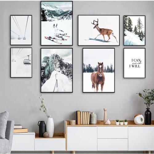 Horse Deer Snow Mountain Forest Ski Board Wall Art Canvas Painting Nordic Posters And Prints Wall Pictures For Living Room Decor
