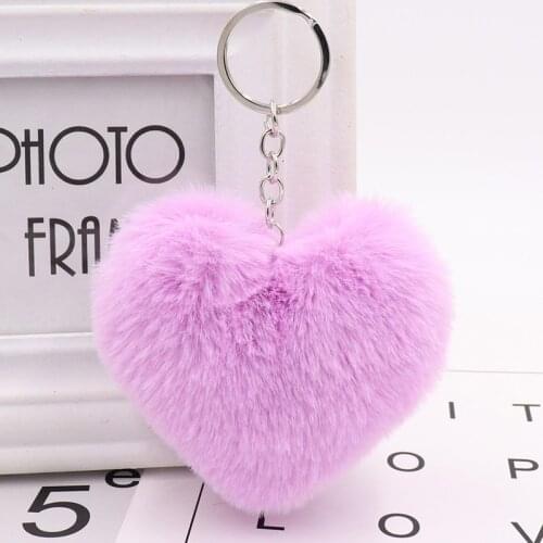 Cute Fluffy Heart Keychain Womens Pom Poms Faux Rex Rabbit Fur Key Chain Girl Bag Hang Car Key Ring Jewelry Accessories Z0