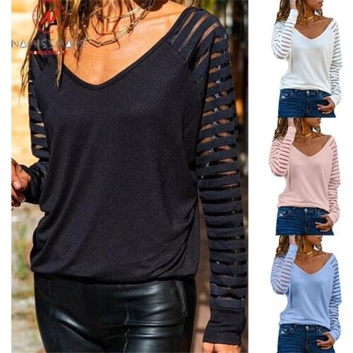 Fashion Women Solid Color T-Shirts Hollow Out Design Lace Decor See Through V-Neck Long Sleeve Spring Autumn Slim Pullovers Top