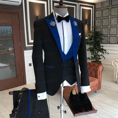 2021 Formal Men Suit 3 Pieces Male Business Jacket Custom Fashion Groom Wedding Suit Tuxedo Blue Velvet Lapel Blazer Vest Pants