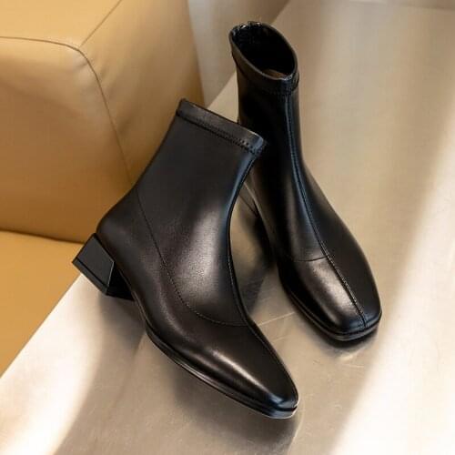 QZYERAI 2021 Autumn Black Boots Zipper Square Heel Leather Chelsea Boots Streetwear Dating Ankle Boots for Women