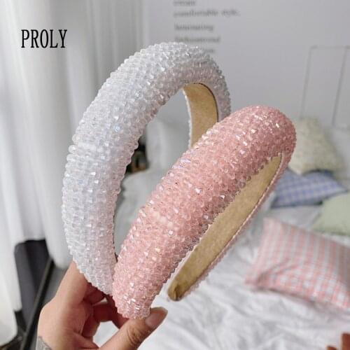 PEOLY New Fashion Women Baroque Hairband Sponge Color Full Rhinestone Headband Female Handmade Crystal Broadband Turban