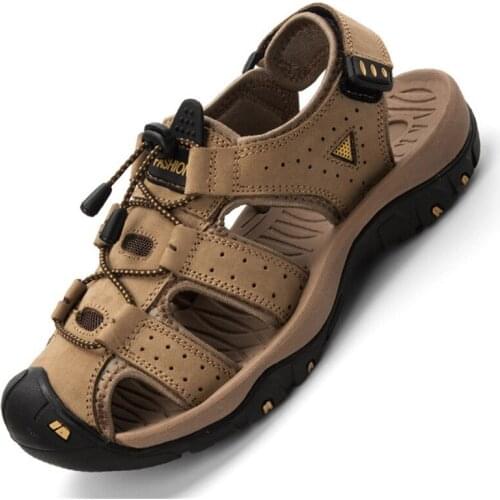 Men Breathable Beach Sandals Genuine Leather Thick Bottom Shoes Summer Outdoor Comfortable Rubber Sole Sandals AA60042