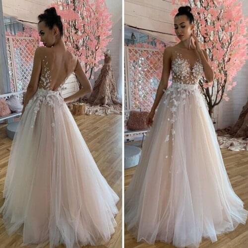Sexy Illusion Bodice Sheer Neck Open Backless Wedding Dresses 3D Floral Appliques Lace A Line Bridal Gowns Vestido De Noiva