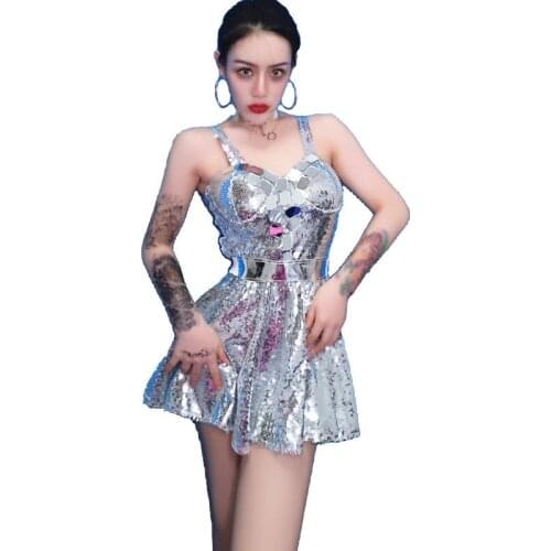 Silver Sexy Lens Sequins Princess Costume DJ Nightclub Bar Singer Gogo jazz Dance Costumes Stage Dance Show Costume Outfit