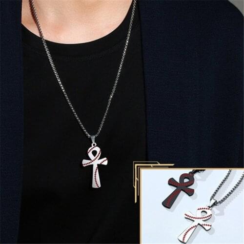 Modyle Stylish Sports Baseball Necklaces for Men Black Silver Color Stainless Steel Cross Pendant Male Gifts Jewelry