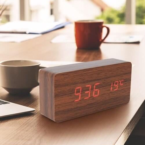 LED Electronic Clock Wooden Watch Table Voice Control USB/AAA Powered Bedside Digital Temperature Alarm Clock Table Decor Clock