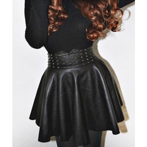 Vintage Preppy Style Women Skirt Punk Rivet A-Line Mini Skirt High Waist Ladies Faux Leather Party Clubwear Size M L XL