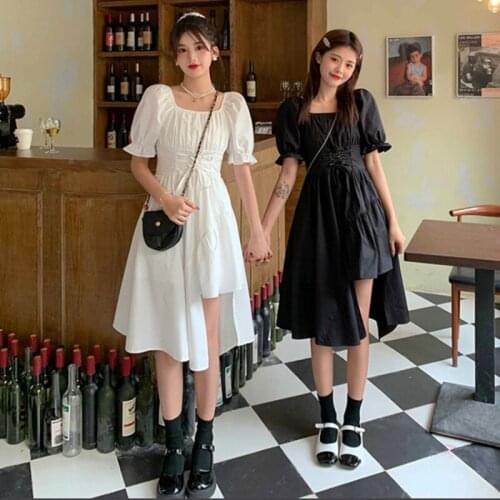 2021 Summer New Kawaii Harajuku Fashion Skirt Korean Ins Design Lacing Irregular Bubble Sleeve Waist Casual Elegant Dress