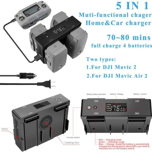 5IN1 Multi-function Home Car Battery Balance Charger Digital Display Charging Hub for DJI Mavic 2 Pro Zoom Air Drone Accessory