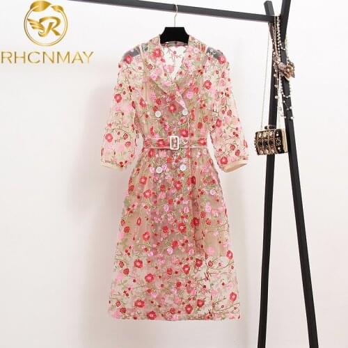 2020 New arrive Runway summer Flower Embroidery Overlay Trench Coat Women Notched Lantern Sleeve Belt Mesh Long Coat Outerwear
