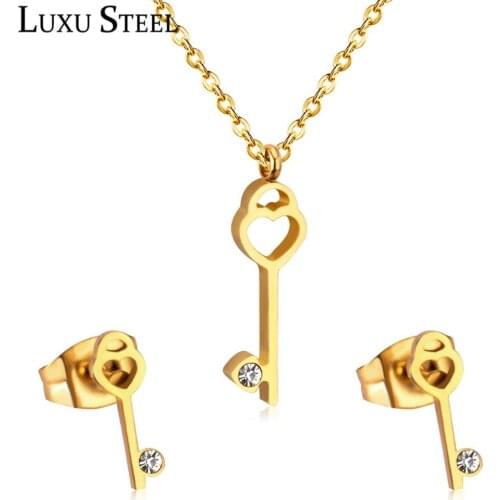 LUXUSTEEL Heart Key With Crystal Jewelry Sets Collier Female Stainless Steel Gold/Silver Color Chain Necklace Wedding Jewelry