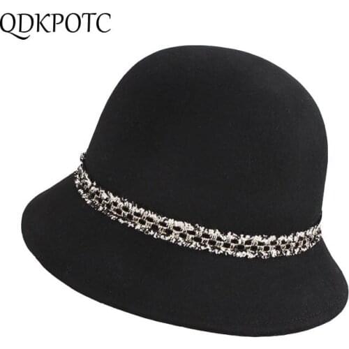 2020 Hat Autumn Winter Women New High Quality Wool Fedoras England Fashion Bucket Hat Church Retro Keep Warm Felt Cap QDKPOTC