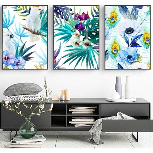 Water color Parrot plant Leaves and Flowers Diamond Embroidery Full Round Square Diamond painting 3 piece Triptych N1462