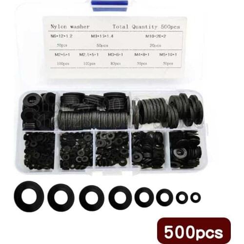 500Pcs Nylon Plastic Flat Washer M2 M2.5 M3 M4 M5 M6 M8 M10 Black Flat Spacer Washer Seals Gasket Ring Metric Washer Gaskets Kit
