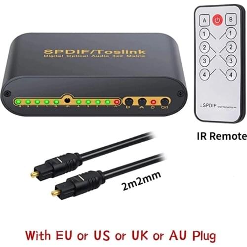 4 Ports 4x2 SPDIF Toslink Splitter Toslink Digital Optical Audio Switcher Matrix 4 In 2 Out with Optical Cable and IR Remote
