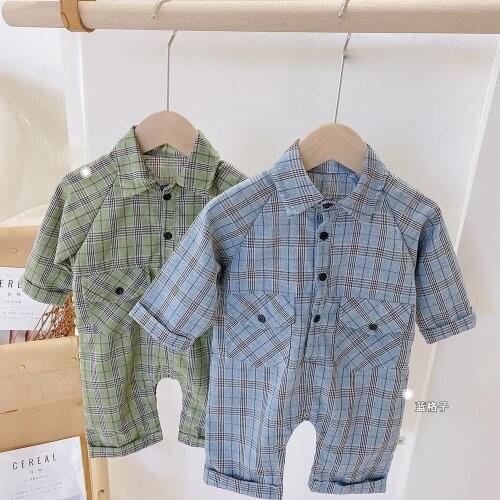 Spring Autumn Baby Unisex Retro Plaid Long-sleeved Romper