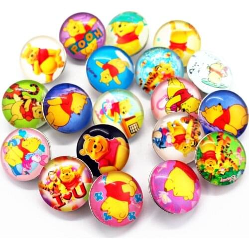 Hot selling 10pcs/lot cute Winnie 18mm Glass Snap Buttons Charms Fit DIY Snap Bracelets&Bangles Jewelry