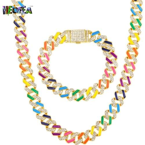 Punk Miami Color Cuban Choker Necklace Hip Hop Iced Out Link Chain For Men Paved Rhinestones For Women Fashion Jewelry