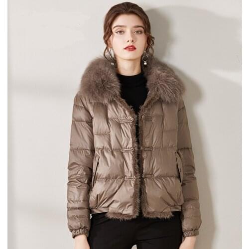 Fashion Womens Real Fox Fur Collar Fluffy Down Coat Female Winter Was Thin Mink Fur Stitching Down Jacket Down Parkas Wy262