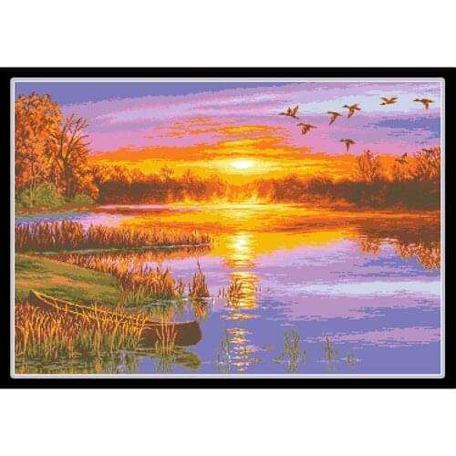 Sunset View by the River Cross Stitch Kits Printed Canvas Landscape Embroidery Sets 11CT 14CT DIY Needlework Home Decor Painting