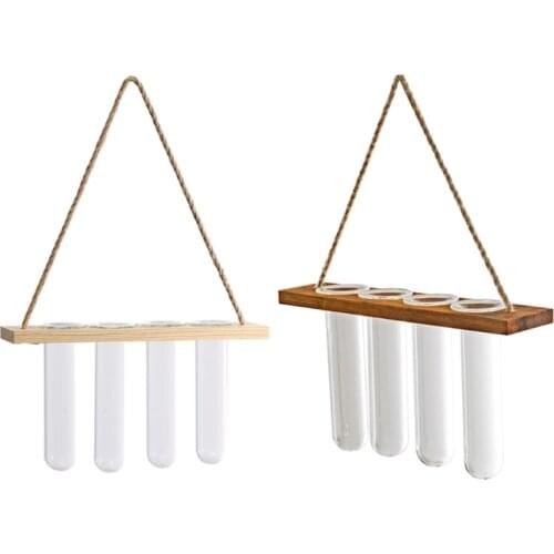 Wall Hanging Glass Terrarium Air Planter Holder Plant Hanger Flower Vase with Wooden Frame 4 Test Tubes for Propagation