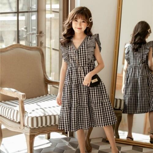 2020 New Summer Mother and Daughter Clothes Korean Style Kids Plaid Dress Ruffles Casual Dresses for Teenage Girls Cotton, #8860