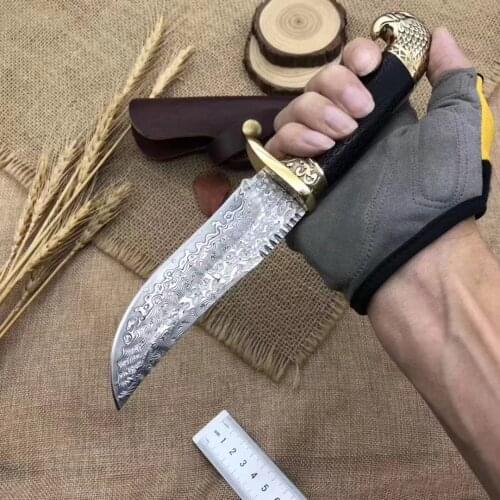 New Arrival VG10 Damascus Steel Blade Ebony and Eagle Head handle Straight Knife Knife Outdoor Camping Self-defense Knife
