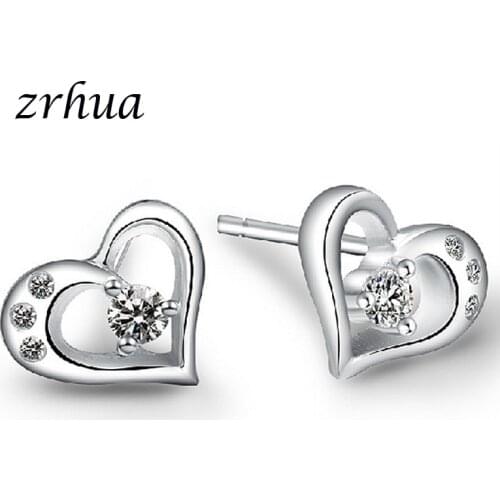 ZRHUA Simple Classic Zirconia Crystal Heart Earrings for Women Girls Gift Silver Color Stud Earrings Wholesale Price