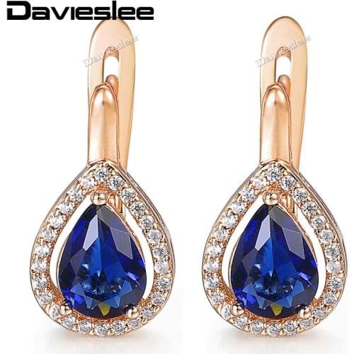 Davieslee Womens Lady Stud Earrings Teardrop Blue CZ 585 Rose Gold Filled Snap Closure LGE87