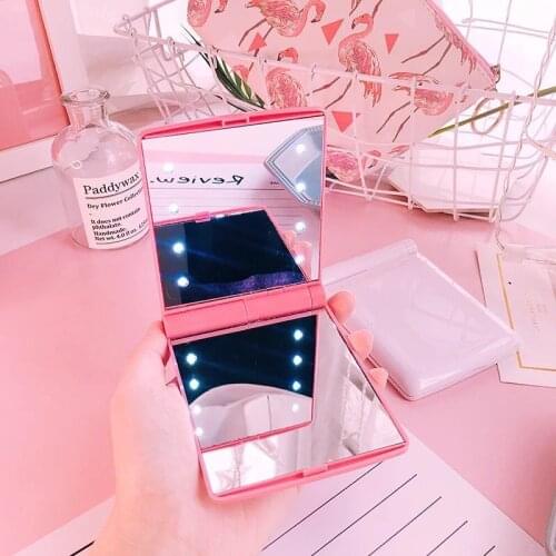 Ins Mini Cosmetic Mirror Folding Portable For girl 8 LED Mirror Lights Lamps Makeup Compact Pocket Mirror Lights Led Makeup tool