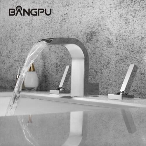 BANGPU Bathroom Basin Faucet Deck Mounted Double Handle Sink Faucet 3 Hole Faucet Waterfall Bathroom Faucet Chromed