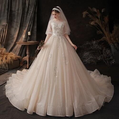 Wedding Dress O-Neck Crystal Embroidery Ball Gown Half Sleeves Simple Luxurious Bling Lace up New Long Women Bride Dresses B038
