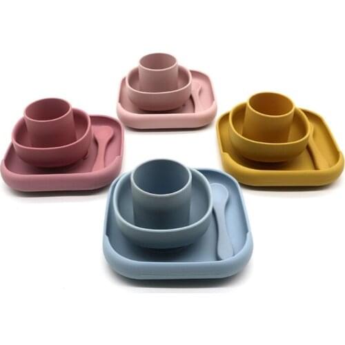 T5EC 4 Pcs Baby Silicone Dinner Plate Sucker Bowl Spoon Cup Set Learning Training Feeding Food Utensil Dishes Tableware for