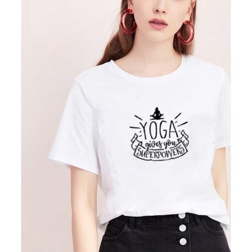 Yoga Gives You Superpowers Printed T Shirt Women Summer Short Sleeve O-neck Tshirt Women Cotton White Loose T Shirt for Women